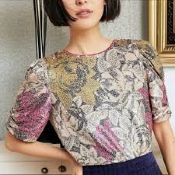 Anthropologie Tops - Anthropologie Sequin Floral Blouse 2 Glam Feminine Work Y2K Festival Formal Pink